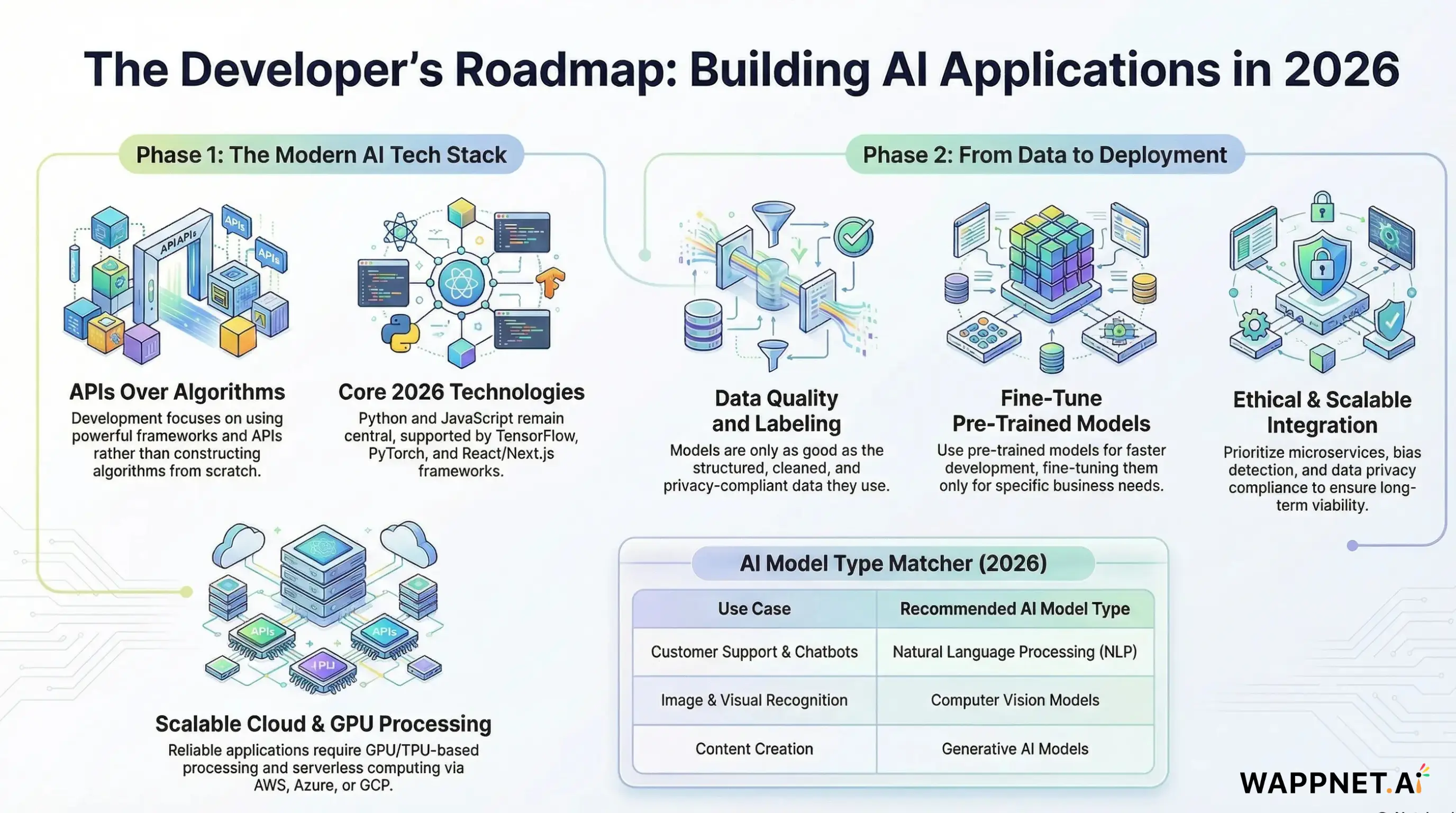 Infographic showing the 2026 AI tech stack and deployment phases for developers